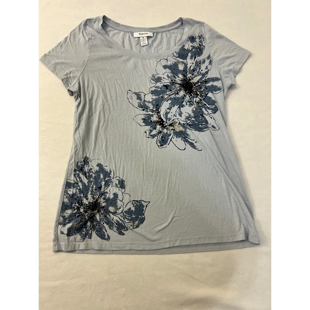 Style & Co Womens Blue Floral Graphic Tee Scoop Neck Short Sleeve Shirt Size M